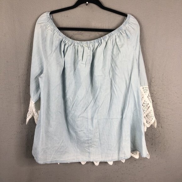 Unique Spectrum Top Womens 2X Plus Size Light Blue Lace Trim Boho Artsy NEW - Picture 3 of 15